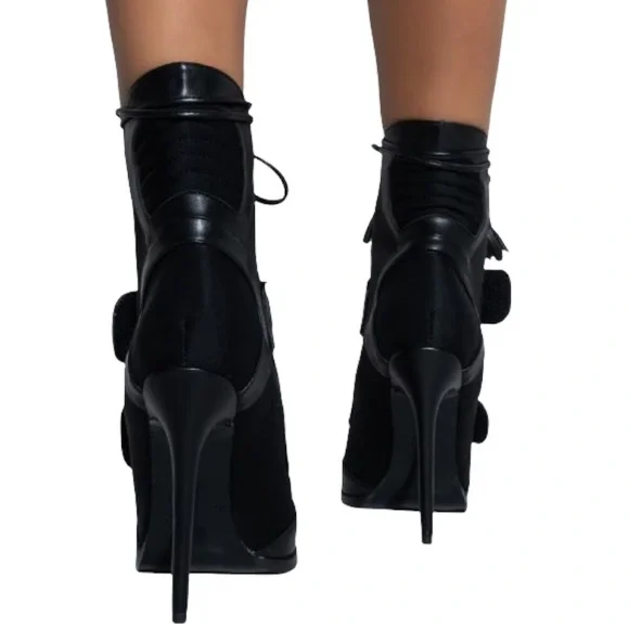 Sexy Black Leather Lace Up High Heel Stiletto Boots - Picture 4 of 4